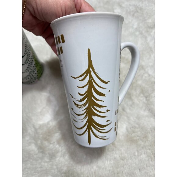 Starbucks Holiday Tree Mug Set Of two 12oz Ceramic Coffee Mugs Gold & Green Desi - Picture 5 of 9
